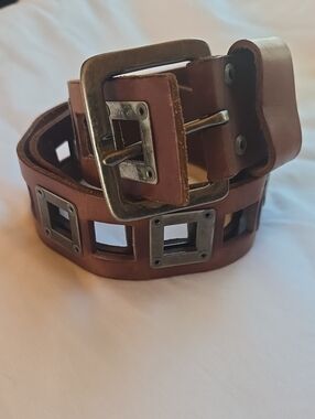 Buckle Brown Leather Square Cutout Belt with Antiqued Silver Hardware, 32 Inch